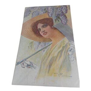 Vintage Postcard woman 1900s unused Italy wisteria floral pretty lady